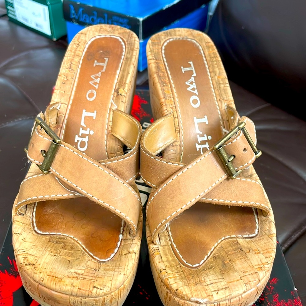 Two Lips heeled slip on sandals.